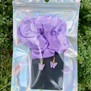 Purple butterfly earrings and matching scrunchie